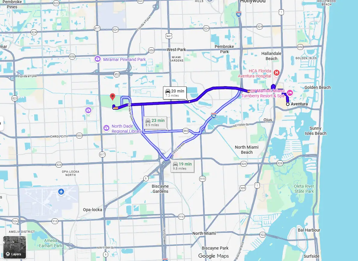 Aventura to Hard Rock Stadium Google Map Directions