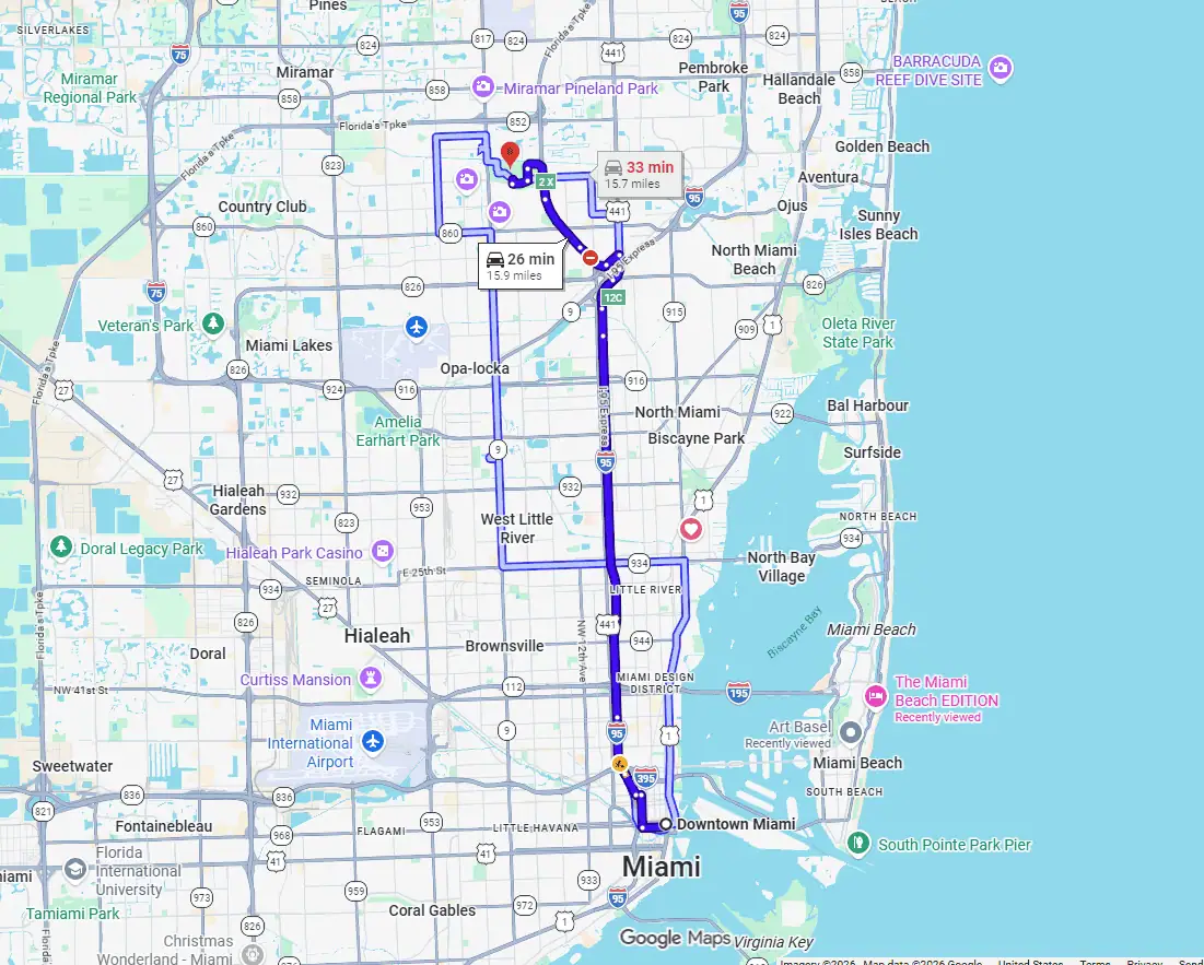 Downtown Miami to Hard Rock Stadium Google Map Directions
