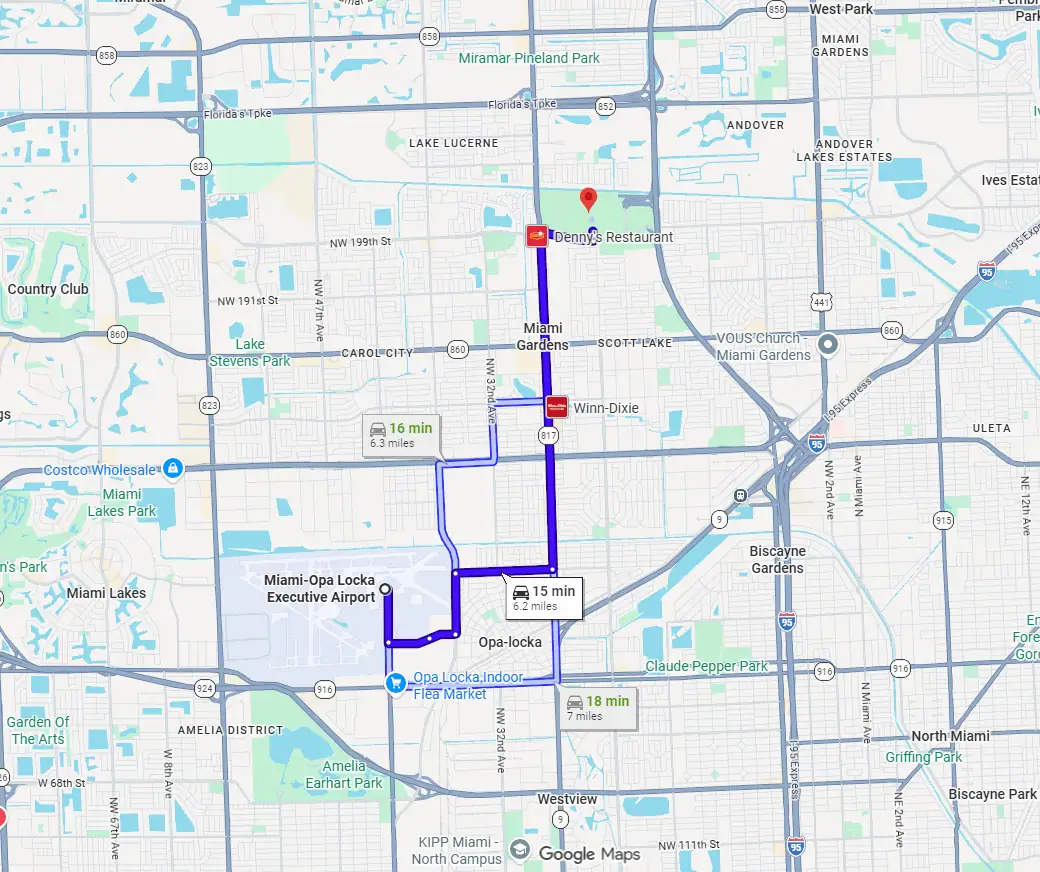 Miami Opa Locka Executive Airport to hard rock stadium google directions