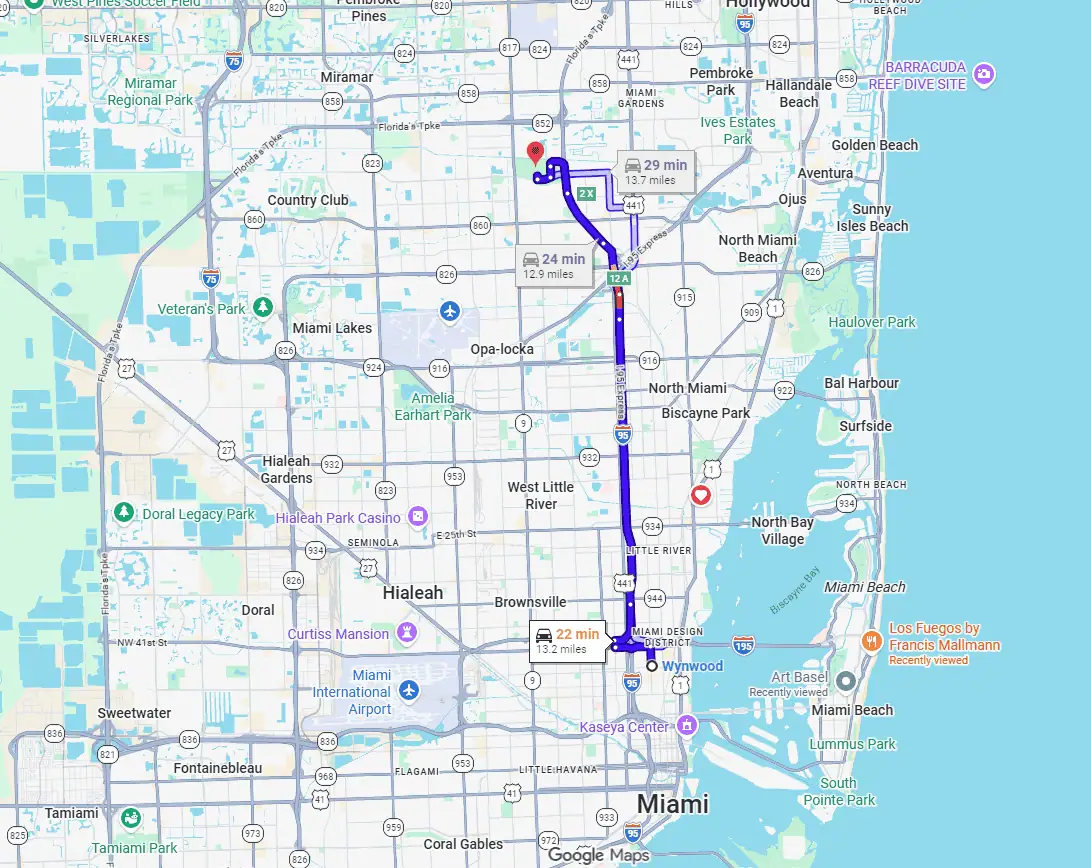 Wynwood to Hard Rock Stadium Google Map