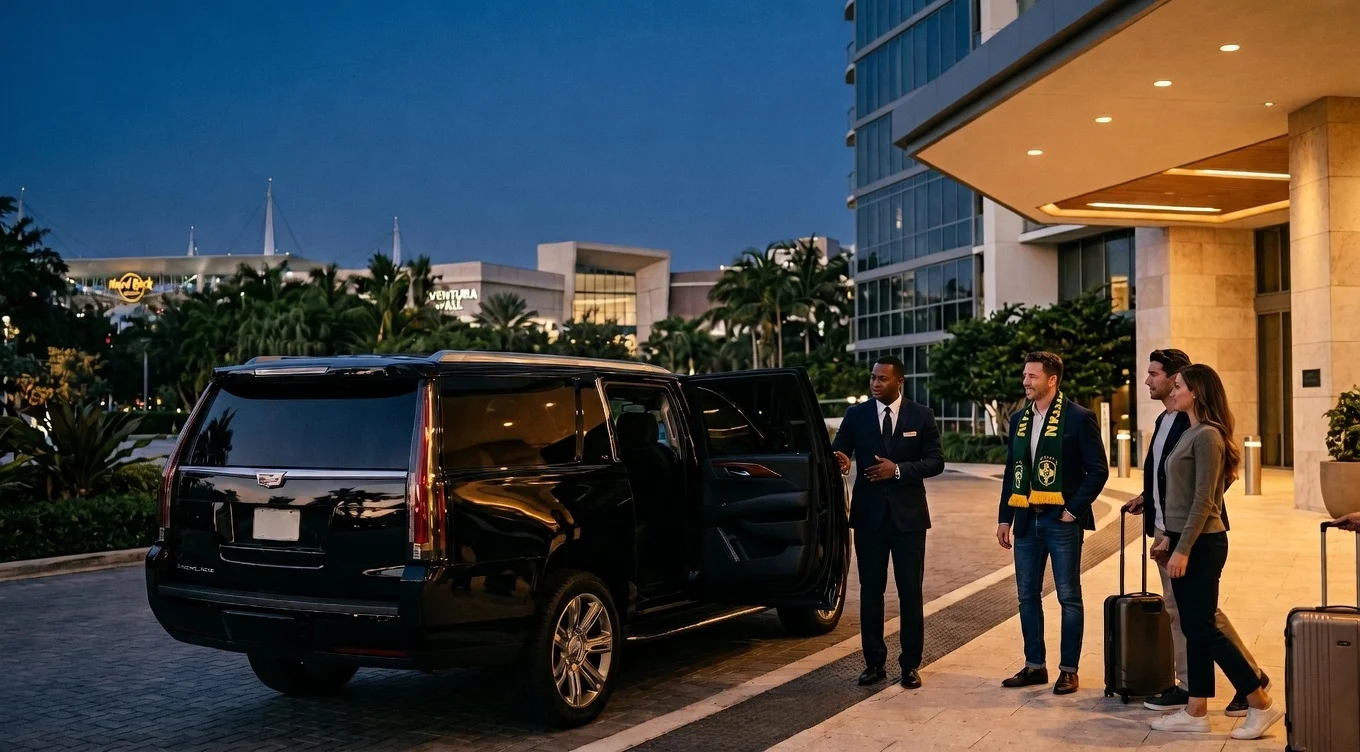 Cadillac Escalade with chauffeur at Aventura hotel entrance for FIFA World Cup 2026 transfer to Hard Rock Stadium