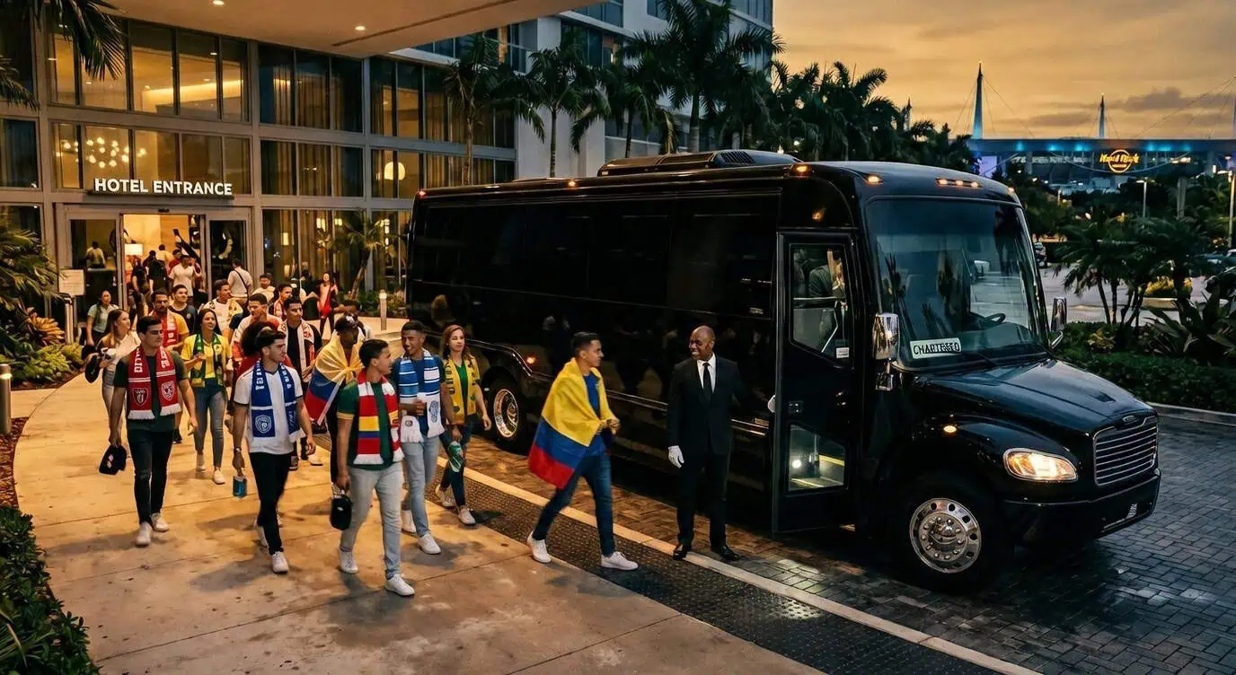 Large group of World Cup fans boarding a luxury Mini Coach by Sal Limo in Miami for Hard Rock Stadium transfer