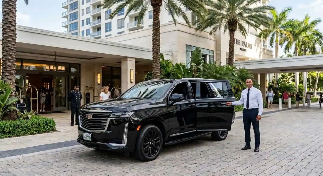 A sleek, black Cadillac Escalade parked on a cobblestone driveway at the front of a luxury Miami hotel during a sunny day. A personal driver in a white dress shirt and dark slacks is standing near the open rear passenger door. In the background, a uniformed doorman is near the hotel entrance under a large white portico. Tall palm trees surround the modern, white high-rise hotel building.