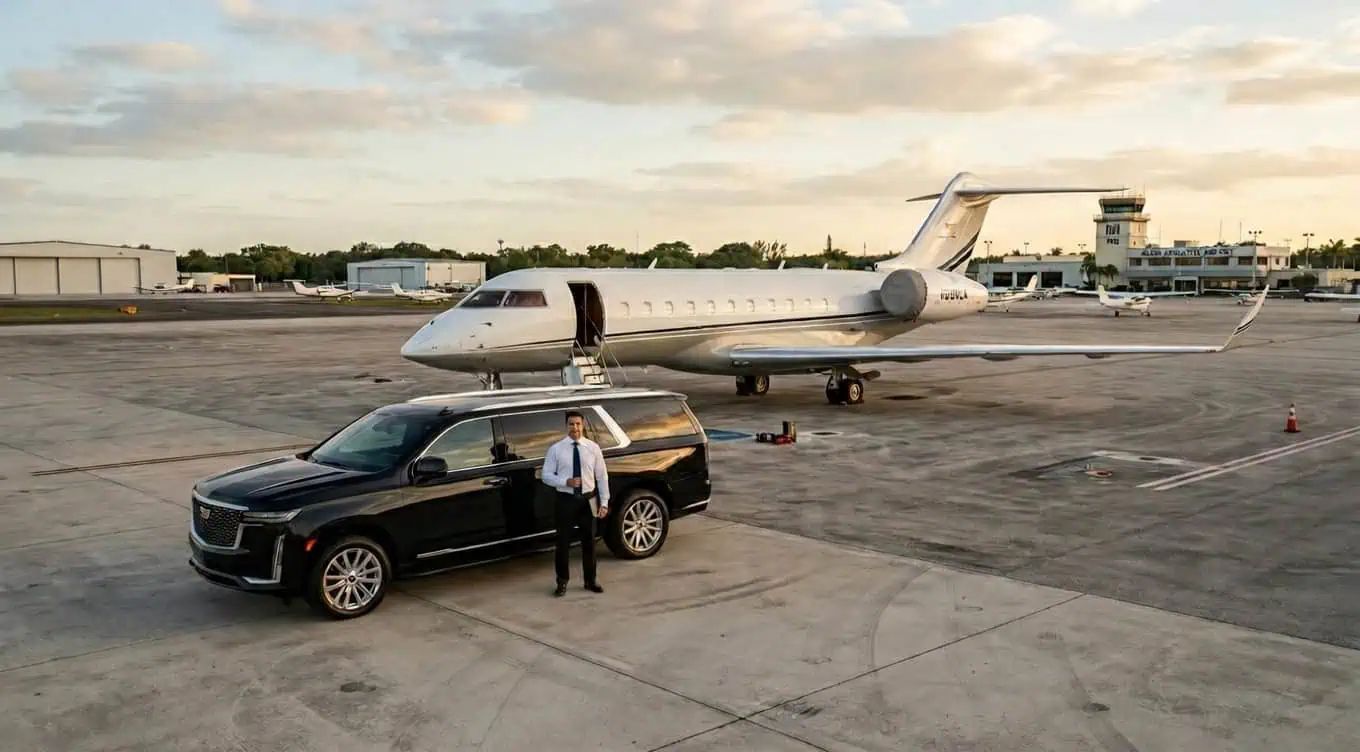 Luxury black Escalade staged at Miami Executive Airport Tamiami for private aviation FIFA World Cup 2026 transfer