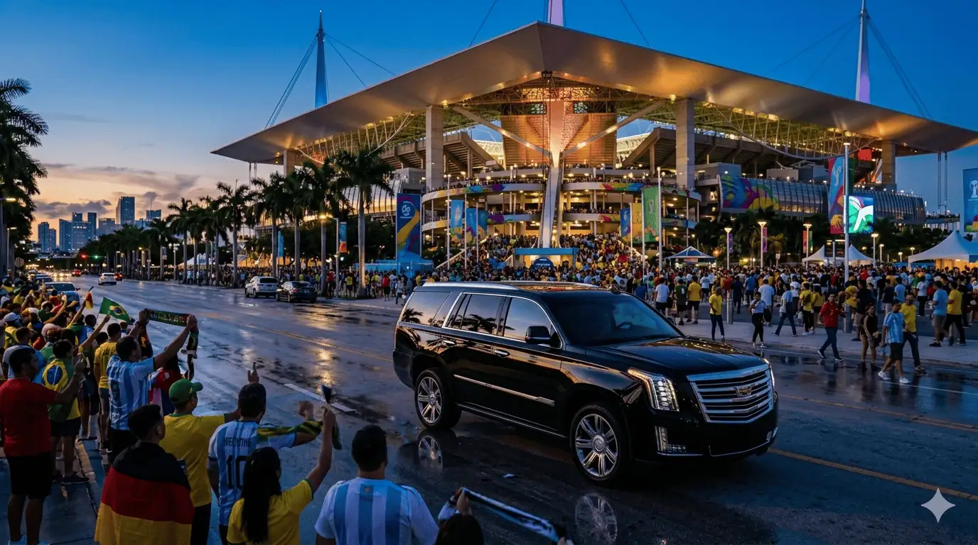 Black Cadillac Escalade luxury SUV driving past Hard Rock Stadium at twilight with FIFA World Cup 2026 crowds and banners in the background, Miami
