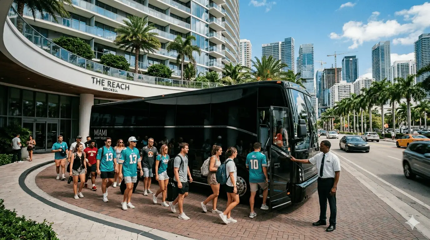 Large Group boarding Sal Limo motor coach for FIFA World Cup 2026 game in Miami