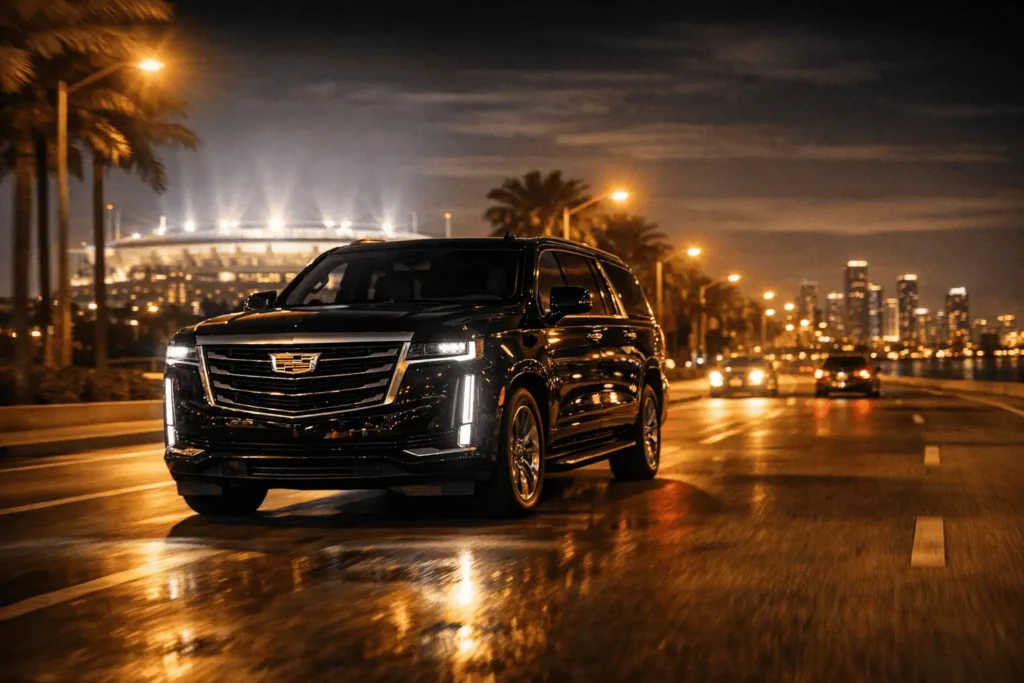 Cadillac Escalade luxury SUV driving at night toward Hard Rock Stadium in Miami — fixed rate World Cup limo service