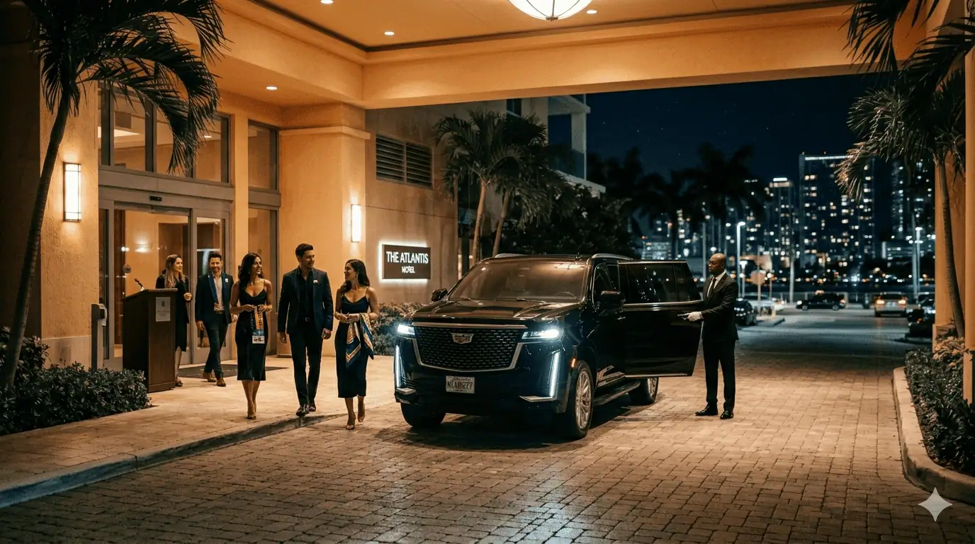 Professional chauffeur opening door of black Cadillac Escalade at Miami hotel entrance for World Cup 2026 luxury limo service