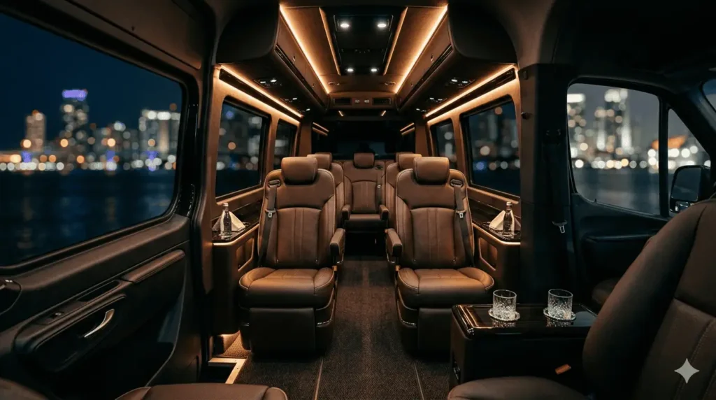 Mercedes Sprinter executive shuttle interior with leather captain's chairs and ambient lighting for World Cup Miami group transportation