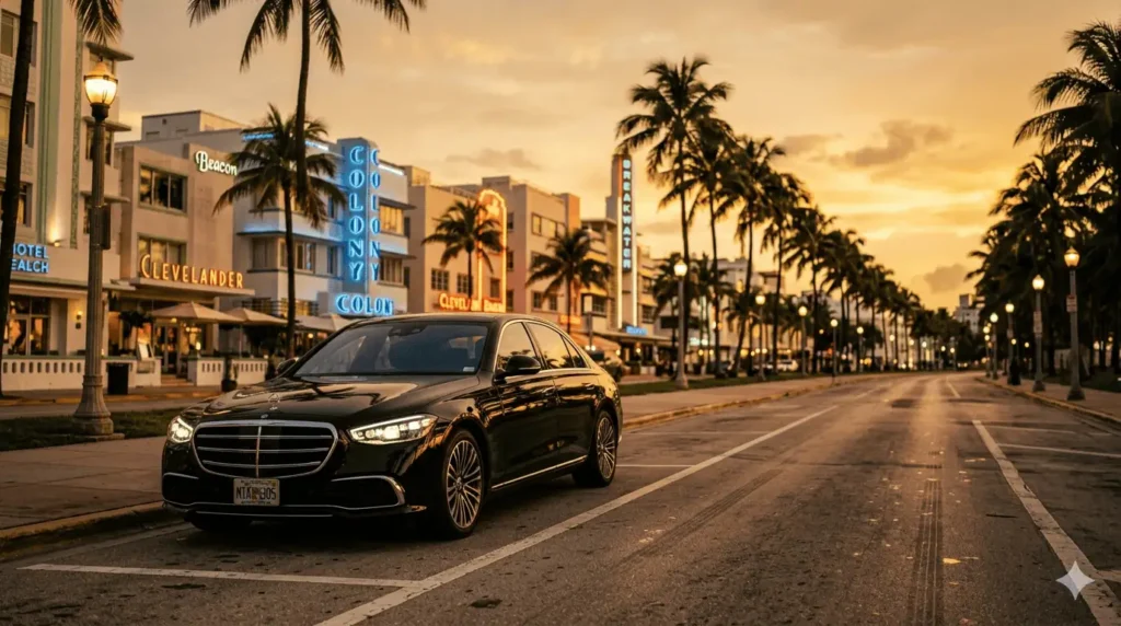Black luxury sedan on Ocean Drive Miami Beach at sunset for FIFA World Cup 2026 transportation service