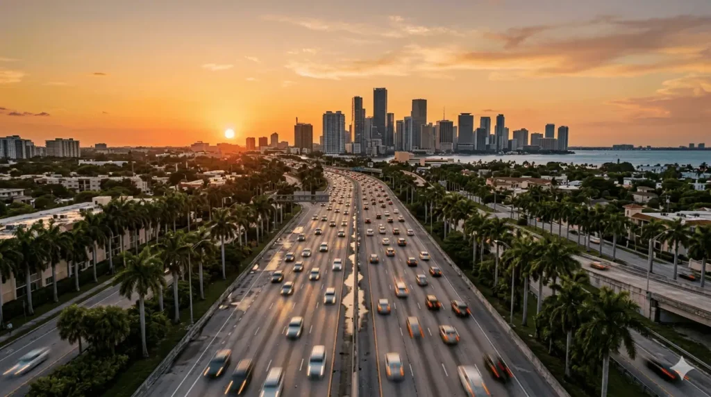 Aerial view of Miami highway traffic at golden hour during FIFA World Cup 2026 match day