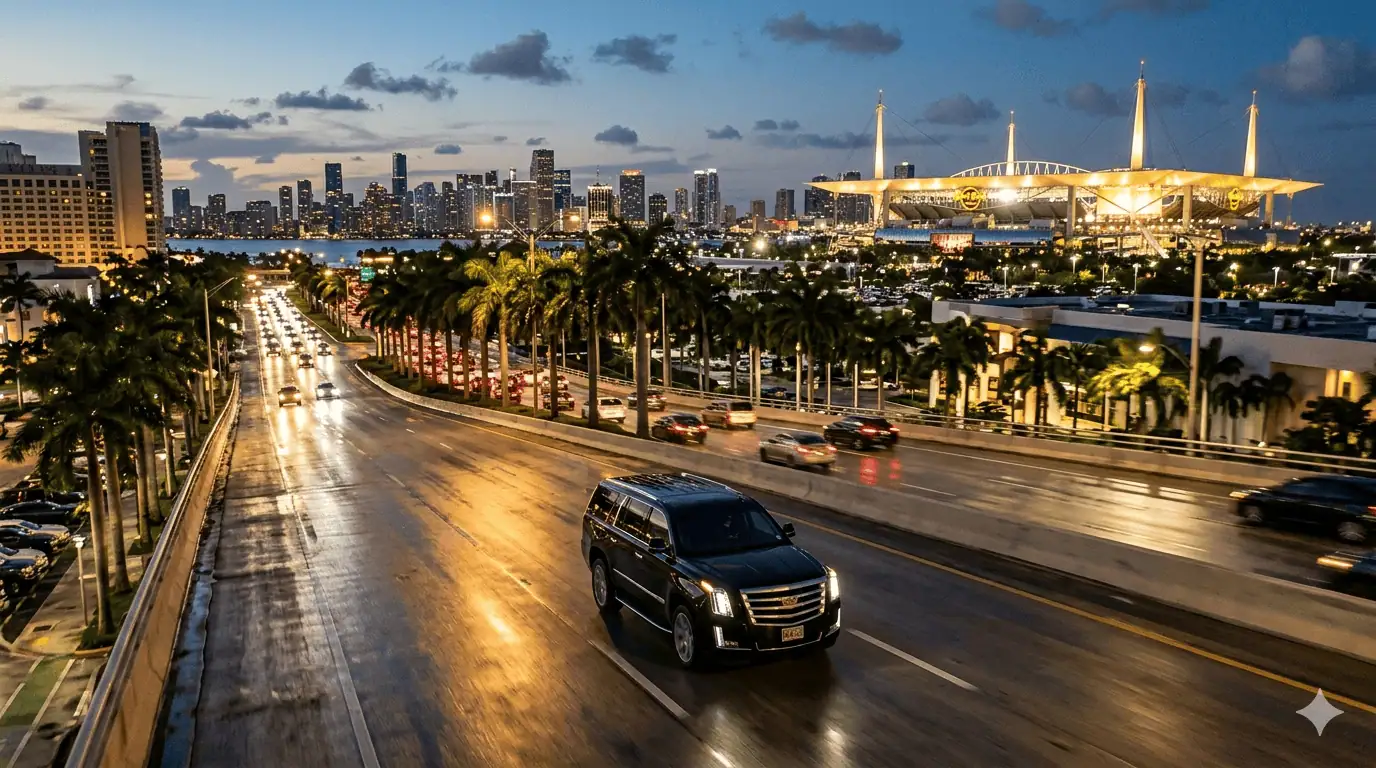 Luxury black SUV approaching Hard Rock Stadium at night for FIFA World Cup 2026 match day transportation in Miami