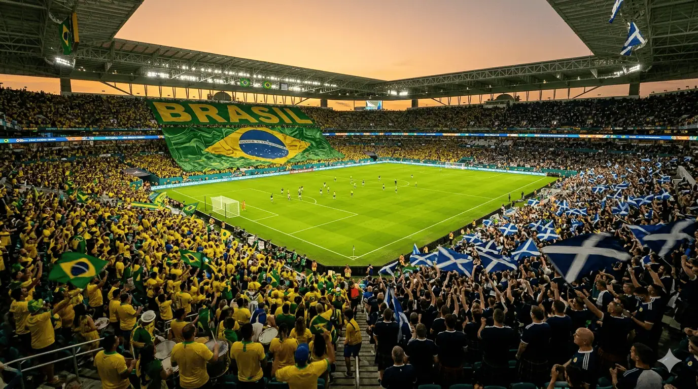 Brazil and Scotland fans filling Hard Rock Stadium at sunset during the 2026 FIFA World Cup group stage match in Miami