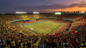 Colombia and Portugal fans filling Hard Rock Stadium at sunset during the 2026 FIFA World Cup group stage match in Miami