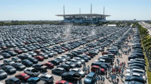 Aerial view of Hard Rock Stadium parking lot packed with thousands of cars and fans on match day