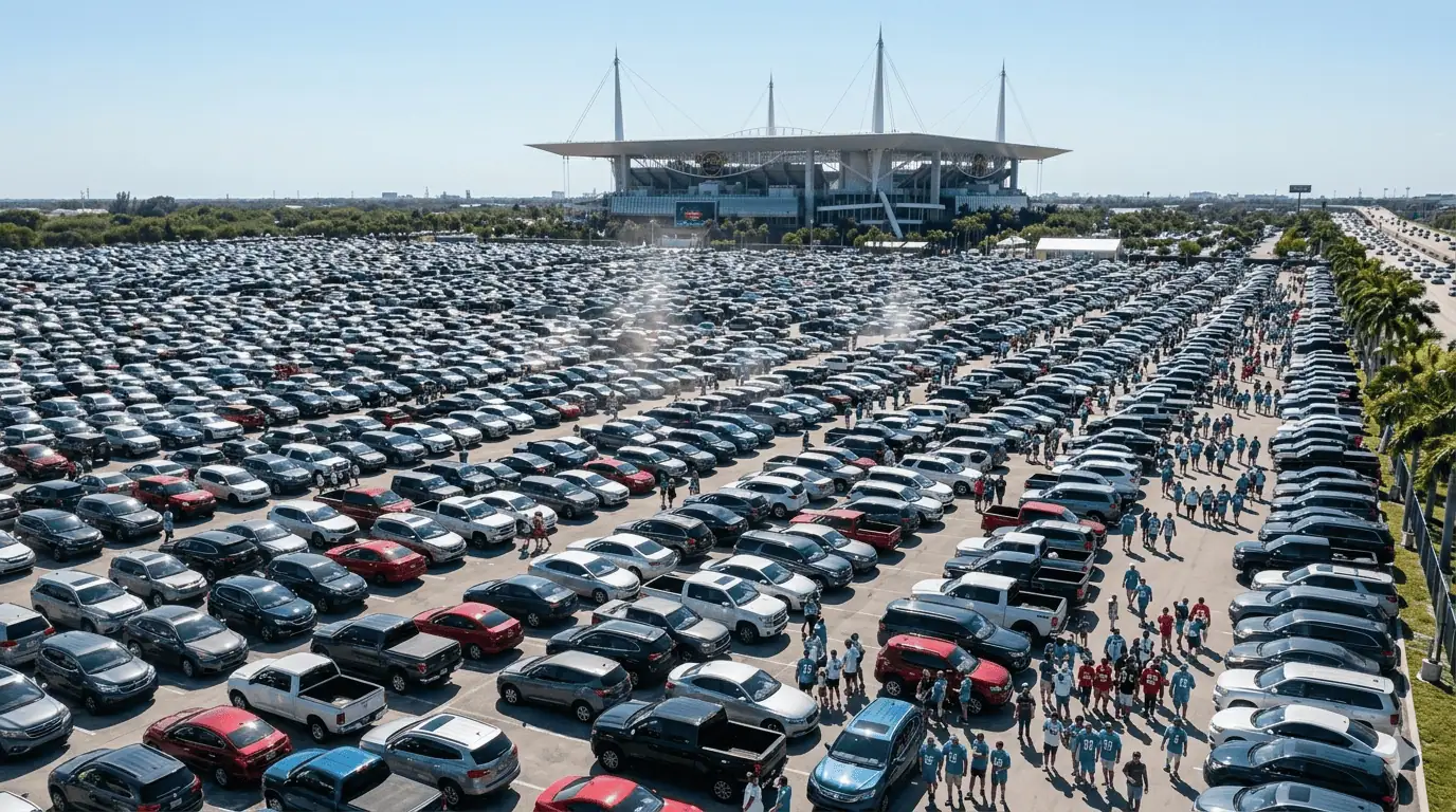 Aerial view of Hard Rock Stadium parking lot packed with thousands of cars and fans on match day