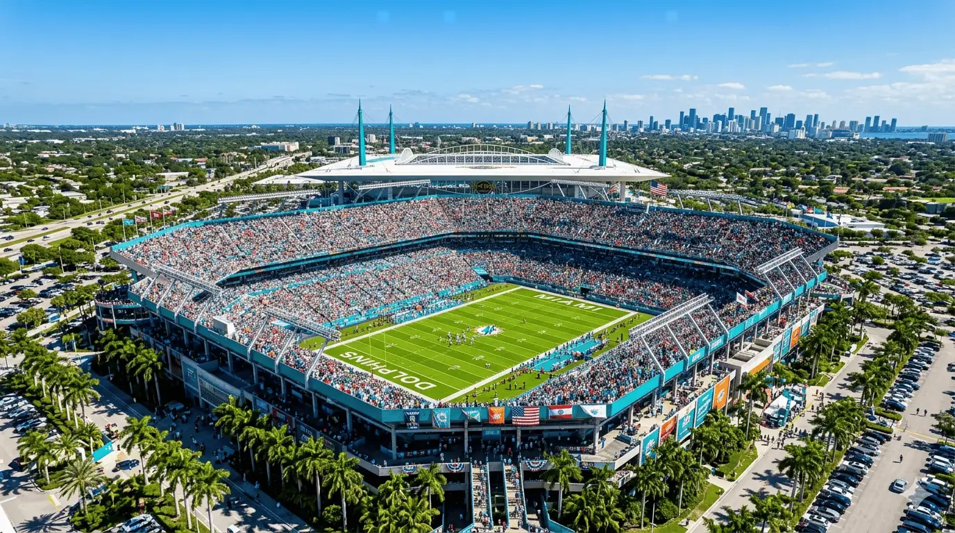 Aerial view of Hard Rock Stadium filled to capacity with fans on a sunny day, Miami skyline in the background