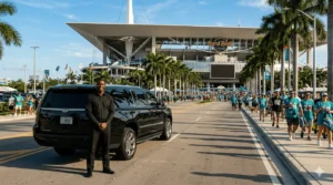 Professional chauffeur standing beside a black Cadillac Escalade outside Hard Rock Stadium as fans walk toward the entrance