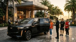 Chauffeur welcoming World Cup fans in football jerseys to a black Cadillac Escalade outside a Miami hotel at sunset