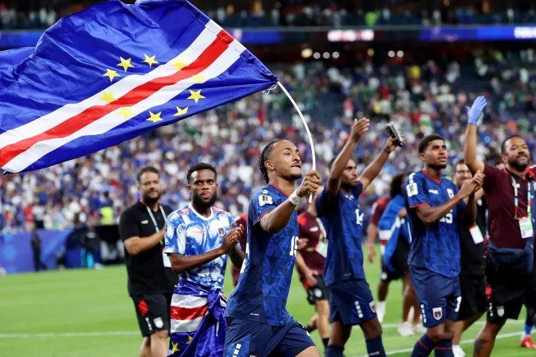 Cape Verde players celebrate with national flag after World Cup match ahead of Round of 32 vs Argentina in Miami